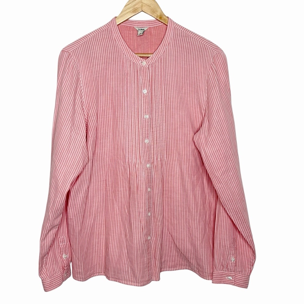LL Bean Striped Button Up Shirt Pink Womens L Nautical Preppy Fisherman Cotton